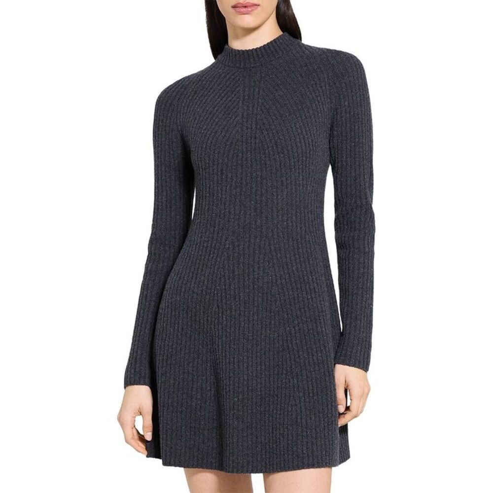 Theory Womens Traveling Rib Wool & Cashmere-Blend Dress, Grey